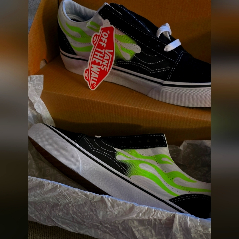 Vans Old Skool Black and Neon Green Flame Sneakers